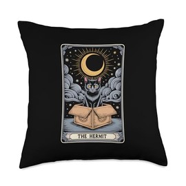 The Hermit Tarot Card Cat In Box Mystic Funny Cat Throw Pillow