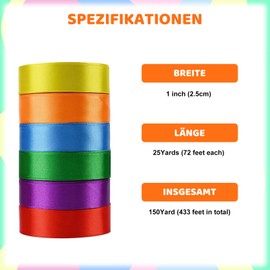 6 Colours 25 mm x 22.8 m Satin Ribbon Colourful - Decorative Ribbon Silk Ribbons Colourful, Gift Ribbon Bow, Rainbow Fabric Ribbons for Flowers Wedding Birthday DIY Gift Packaging Decoration Crafts
