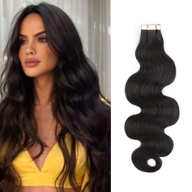 Bella Hair Premium Tape In Hair Extensions - Full Cuticle Aligned Remy Human Hair Body Wave, 20pcs 14 inch 50g Natural Black Hair Piece, Damage-Free Instant Natural Look Volume