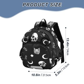 XUWU Gothic Skull Cat Moon Kids Backpack with Ears Reflective Strip for Boys Girls Elementary School Bag Removable Chest Strap