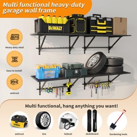 MKZYO Garage Wall Mounted Shelf,Heavy Duty Garage Wall Shelving,Garage Storage Rack with Hooks,Sturdy Garage Shelving,Shelves Garage Organizer with Power Tools Hanger (Black, 35.43×19.68in-2pack)