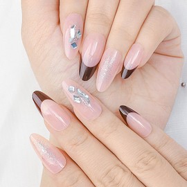 Sethexy Short Almond Nails Press On Brown French Tip Nude False Nails Rhinestone False Nails Glitter Crystal Glued Nails for Women and Girls Pack of 24