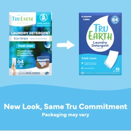 Tru Earth Compact Dry Laundry Detergent Sheets - Up to 64 Loads (32 Sheets) - Paraben-Free - Original Eco-Strip Liquidless Detergen - Fresh Linen | Packaging May Vary