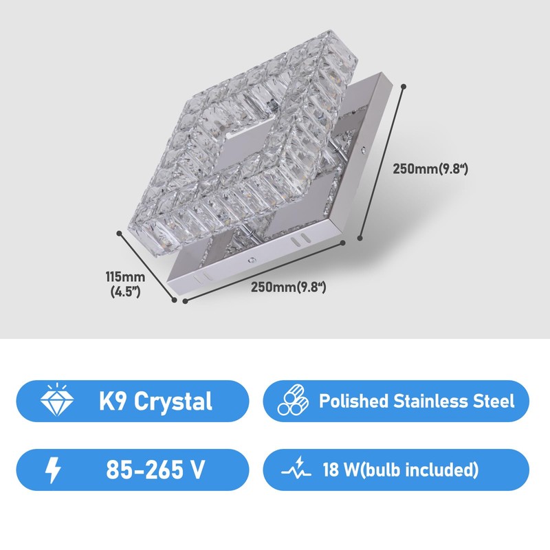 YPQXYHDA Dimmable Square Crystal Chandelier LED Mini Ceiling Light with