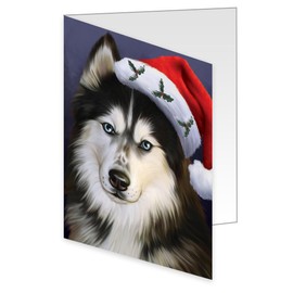 Doggie of the Day Christmas Santa Hat Siberian Husky Dog Note Cards - Adorable Pets Invitation Cards with Envelopes - Pet Artwork Christmas Note Cards (1 Note Card)