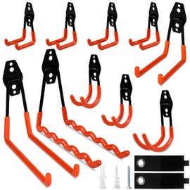 Steel Garage Storage Hooks - 12 Pack Anti-Slip Coating Hooks Set, Heavy Duty Wall Mount Hooks for Hanging Bike, Ladder, Garden Tools with Extension Cord Holder Organizer (Orange)