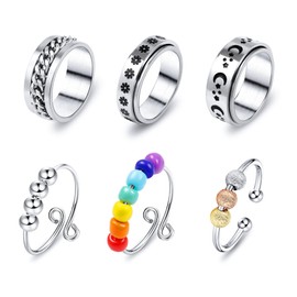 ALEXCRAFT 6 Pcs Anxiety Rings for Women Stainless Steel Spinner Anti Anxiety Fidget Adjustable Rings with Moon Star Flower Colorful Beads