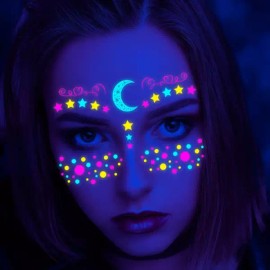 네온 페이스 야광 타투 스티커 얼굴 판박이 8매 이벤트 행사 파티 할로윈 Neon Face Glow-in-the-Dark Tattoo Stickers - 8 Sheets for Events, Parties, Halloween