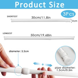 Tension Rod, 3Pcs Tension Rods for Curtains, Net Curtain Rod Tension Rod for Clothes, 30-50cm Extendable Hanging Bar Door Curtain Pole, Curtain Rods White for Cupboard, Kitchen, Windows, Bookshelf