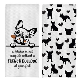 GCFET French Bulldog Dish Towels Set - French Bulldog Gifts Waffle Kitchen Towels, French Bulldog Hand Tea Towel for Bathroom Kitchen, French Bulldog Gifts（16x24, Set of 2）