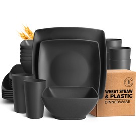 Teivio 24-piece Plastic Wheat Straw Square Dinnerware Set for 6, Unbreakable Dinner Plates, Salad Plates, Snack Bowls, Tumblers 13.5 oz, Dishwasher Safe, Black