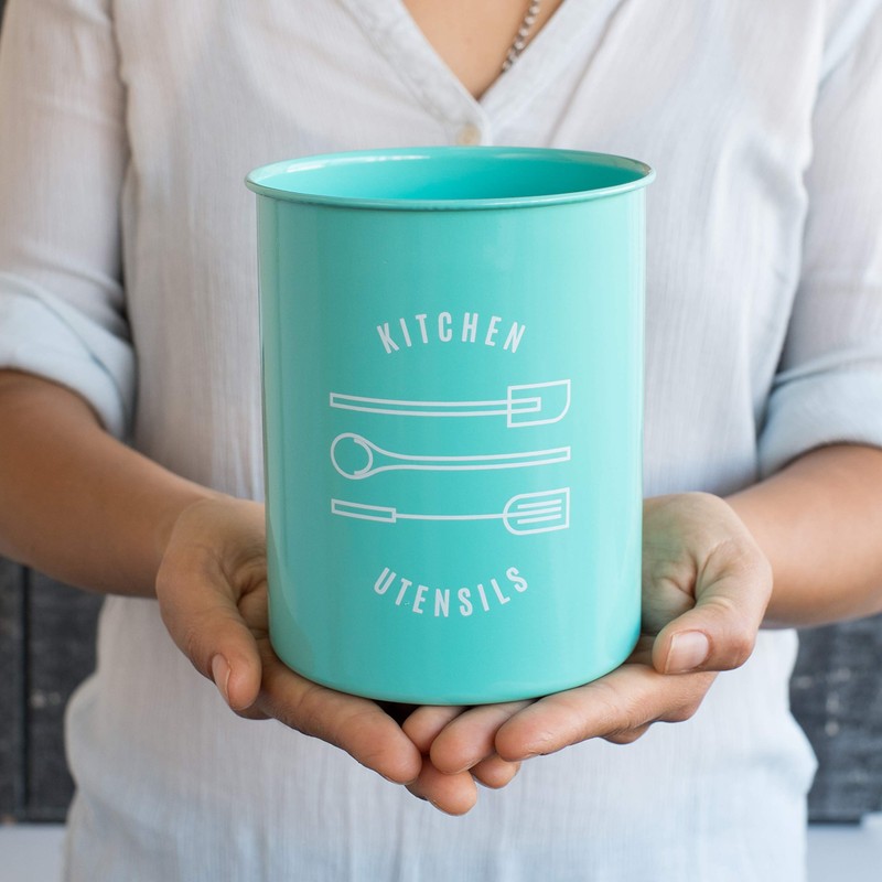 Now Designs Powder-Coated Steel Utensil Crock, Turquoise, 5x6 inches