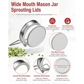 2Pack Sprouting Lids for Wide Mouth Mason Jars, Stainless Steel Mesh Lids