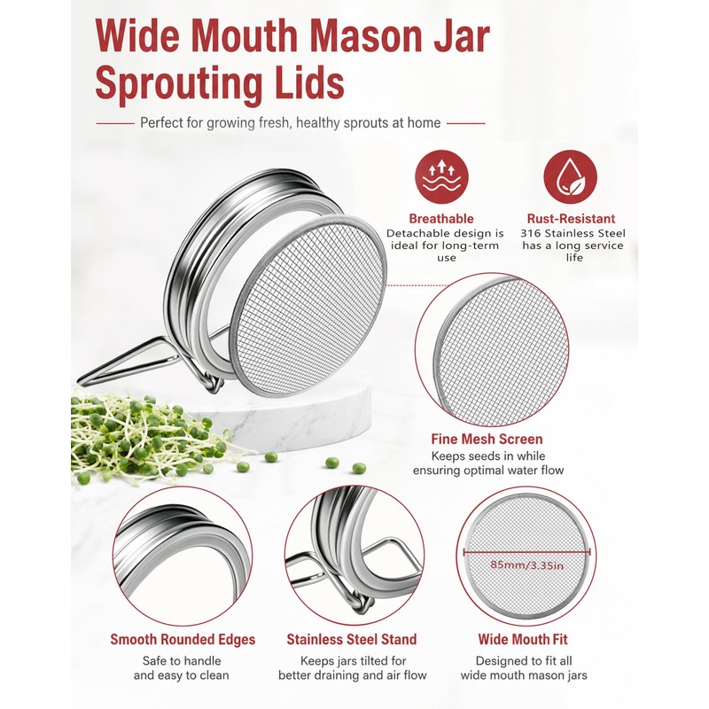 2Pack Sprouting Lids for Wide Mouth Mason Jars, Stainless Steel
