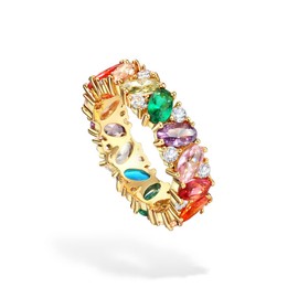 Michooyel Eternity Rainbow Ring Band Ring for Women 18K Gold Plated Oval Multicolor Cubic Zirconia Eternity Ring