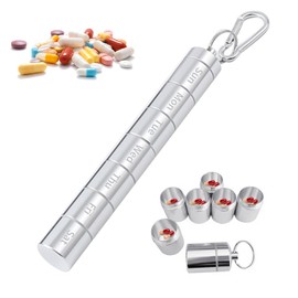 1 Metal Pill Box with 1 Carabiner, Waterproof Round Pill Box, Aluminum Alloy Engraved Pill Box, 7-Compartment Pill Box, Suitable for Traveling (Silver)