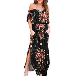 LILBETTER Womens Off The Shoulder Ruffle Party Dresses Side Split Beach Maxi Dress (Brown Floral Black,Small)
