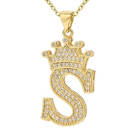 UALGL A-Z Letters Necklace Crown Necklace for Men Women 18K Gold Plated Letters Pendants with 23'' Chain Hip Hop Alphabet Name Jewelry Mom Gifts (Yellow-s)