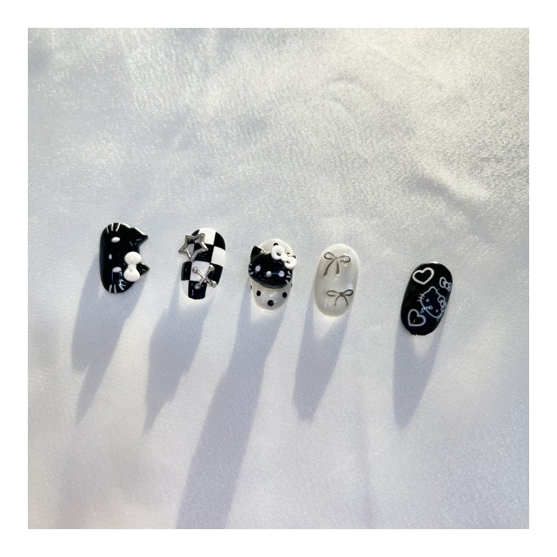 2+1 Event Black Horizontal Cat Checkerboard Nail - Coffin (Long)