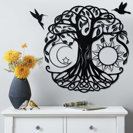 WINUSD Tree of Life Metal Wall Art, Black Metal Artwork for Wall with 2 Pcs Black Metal Bird Silhouette, Tree of Life Wall Decor for Living Room Family Outdoor Indoor(Black-11in)