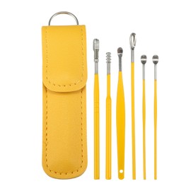 VOCOSTE 耳掃除道具セット ステンレス鋼 イヤークリーナー イヤーケアセット フェイクレザーパッケージ付き 耳垢ツール イエロー 6個