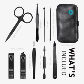 HANTEKAS Manicure Set 9 in 1 Stainless Steel, Nail Clippers Scissors Pedicure Tools Kit - Portable Travel Grooming Kit for Men and Women with Black/Blue Leather Case (Blue)
