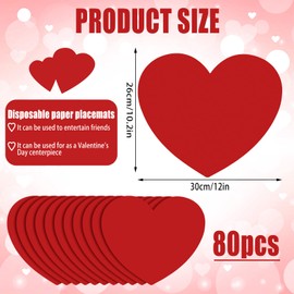 80 Sheets Hearts Placemat Valentine's Day Disposable Placemats Valentines Paper Placemats Valentine Place Mats Heart Table Mat Valentine Party Decorations for Home Wedding, 10.2 x 12 Inch