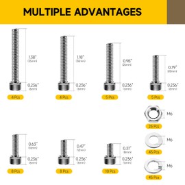 Mywish 159-Piece M6 Screw Assortment Kit, Stainless Steel Hex Socket Head Cap Screws, Bolts, Washers, Nuts, Hex Wrenches M6*8/12/16/20/25/30/35mm