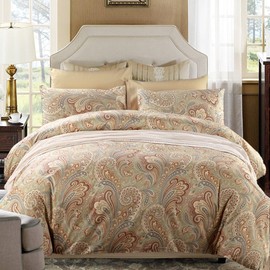 ABREEZE Duvet Cover Set Full Size Gold Boho Paisley Bedding Set 1 Duvet Cover with 2 Pillowcases Luxury Quality Soft Breathable 1000TC Egyptian Cotton Bedding with Button Closure Super,3pcs
