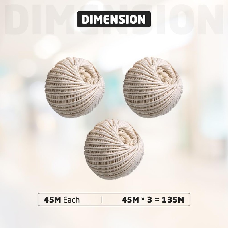 3 Pack Cotton String Ball, 100% Cotton Roll Each 45m
