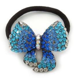 Clear/Azure/Blue Crystal Bow Pony Tail Hair Elastic/Bobble In Gun Metal
