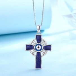 TwoAnts Celtic Cross Necklace 925 Sterling Silver Nature Lapis Lazuli Evil Eye Pendant Celtic Trinity Knot Necklace Egyptian Jewelry Gifts for Women Girlfriend