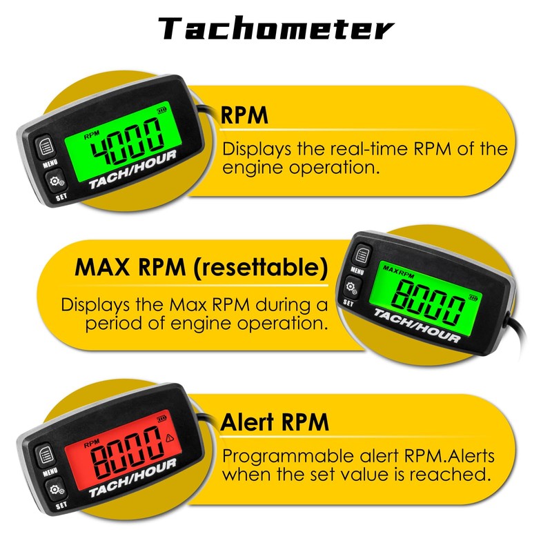 NInE-ROnG Self Powered Digital Tachometer Hour Meter,Inductive Maintenance Waterproof Backlit