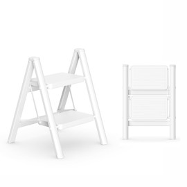 GameGem 2 Step Ladder Portable Folding Step Stool with Anti-Slip Pedal, Lightweight Stepladder Multi-Use for Home and Kitchen, Saving Space, White, 300lbs