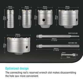 BINOTA 9PCS Concrete Hole Saw Kit, Rotary Hammer Core Bit Hole Saw, with SDS Plus and SDS MAX Shank, for Concrete Cement Brick Wall Stone Masonry, Core bit Set 30 40 65 80 100 mm