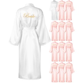 Xtinmee 12 Pcs Bride Bridesmaids Robe Long Satin Robe Full Length Sleepwear Dressing Gown for Wedding Party Bridal Shower(White Pink)