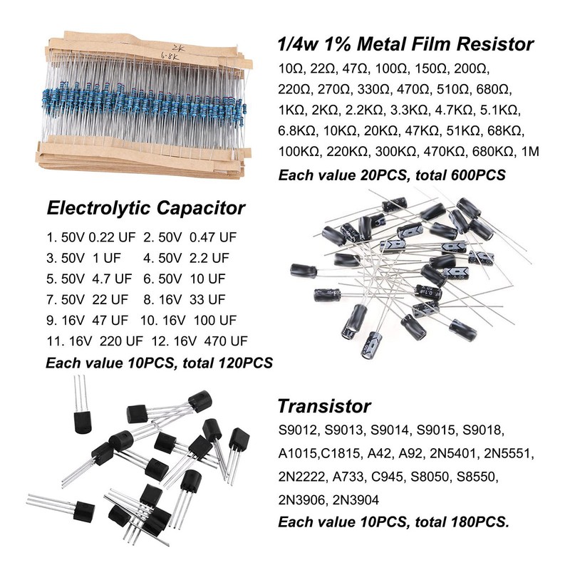 1500PCS Electronic Component Kit Resistors Transistors Ceramic Electrolytic Capacitors LED