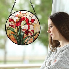 CRISGIF Stained Glass Window Hanging - Red Gladiolus Flower Suncatcher for Door Yard Sun Catchers Decor Christmas Mother's Day Birthday Gifts for Lovers Women Mom Nana Girlfriend Wife 11.8 in