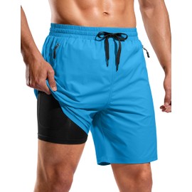 G Gradual Mens Swim Trunks with Compression Liner 7" Quick Dry Board Shorts Swimsuit Bathing Suit for Men with Zipper Pockets(Blue,S)