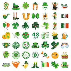 48pcs St Patricks Day Glitter Styles Temporary Tattoos,Clover Gold Coin Luck Hat Expression Tattoos Sticker St Patrick's Day Kiss Me I'm Irish Party | Shamrock Arts and Crafts,Holiday Party Accessories 8 sheet