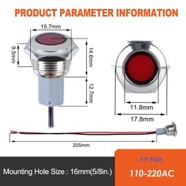 DMWD 2PCS 16mm Metal Indicator Light Mounting Hole 5/8", 110-220VAC 20mA Waterproof IP67 Single lamp LED Pilot Lamp Flat Head with 20cm/7.87in. Wire for Car Truck Boat(Red LED)