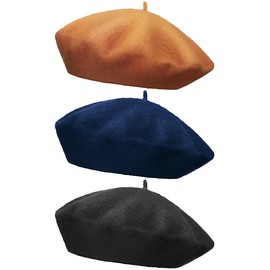 HESTYA 3 Pieces Wool Beret Hat French Style Wool Beanie Cap Solid Color Winter Hat for Women and Girls Casual Use (Black, Navy, Ginger Yellow)