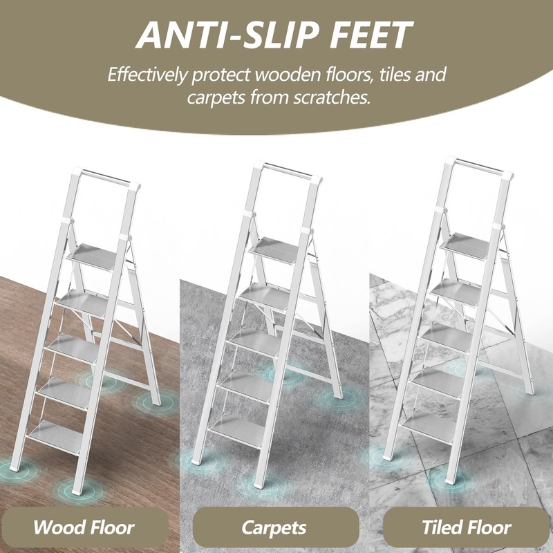 SOLADDER 5 Step Ladder, Folding Step Stool, White Foldable Iron