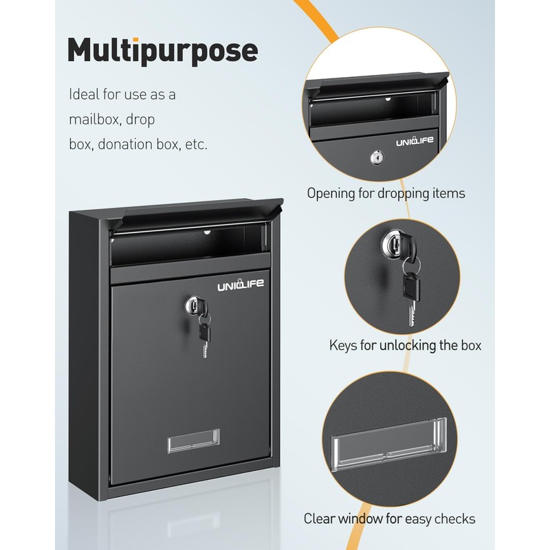 Uniclife Wall Mount Mailbox for Outside, Locking Mail Box, Large
