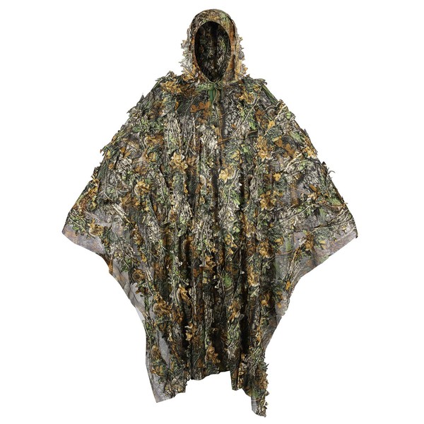 Outdoor Camouflage Ghillie Poncho 3D Leaves Hunting Cape Camouflage Cloak Stealth Ghillie Suit for Hunting Bird Watch Military CS Woodland Hunting, Green, Large