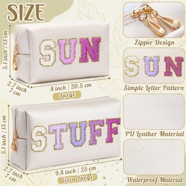 AsodSway Preppy Patch Cosmetic Bags - Christmas Gifts 2P Purple STUFF SUN Chenille Letter Makeup Bag, PU leather Travel Toiletry Bag Portable Waterproof Bag Zipper Pouch, New Year Gift for Women Girls