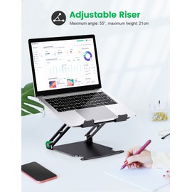 Glangeh Laptop Stand Aluminum Sturdy, Laptop Riser for Desk with Adjustable Heights/Angles, Double Rotation Axis Ergonomic, Ventilated Computer Stand Compatible with MacBook Pro Dell HP (10-16")-Black