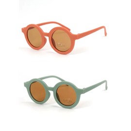 Kids Sunglasses, 2 Pieces Round Retro Style for Boys and Girls and Baby Age 1-8, UV 400 (Green & Orange)