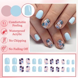 24Pcs French Tip False Nails, Short Square Blue Flowers Press on Nails with Elegant Design, Spring Summer Cute Floral Acrylic Full Cover Stick on Nails for Women and Girls Manicure Decoration