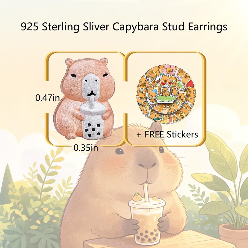 S925 Sterling Silver Capybara Earrings for Women, Cute Boba Stud